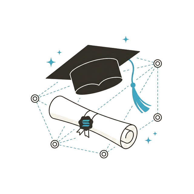 Graduation cap and diploma with blockchain network